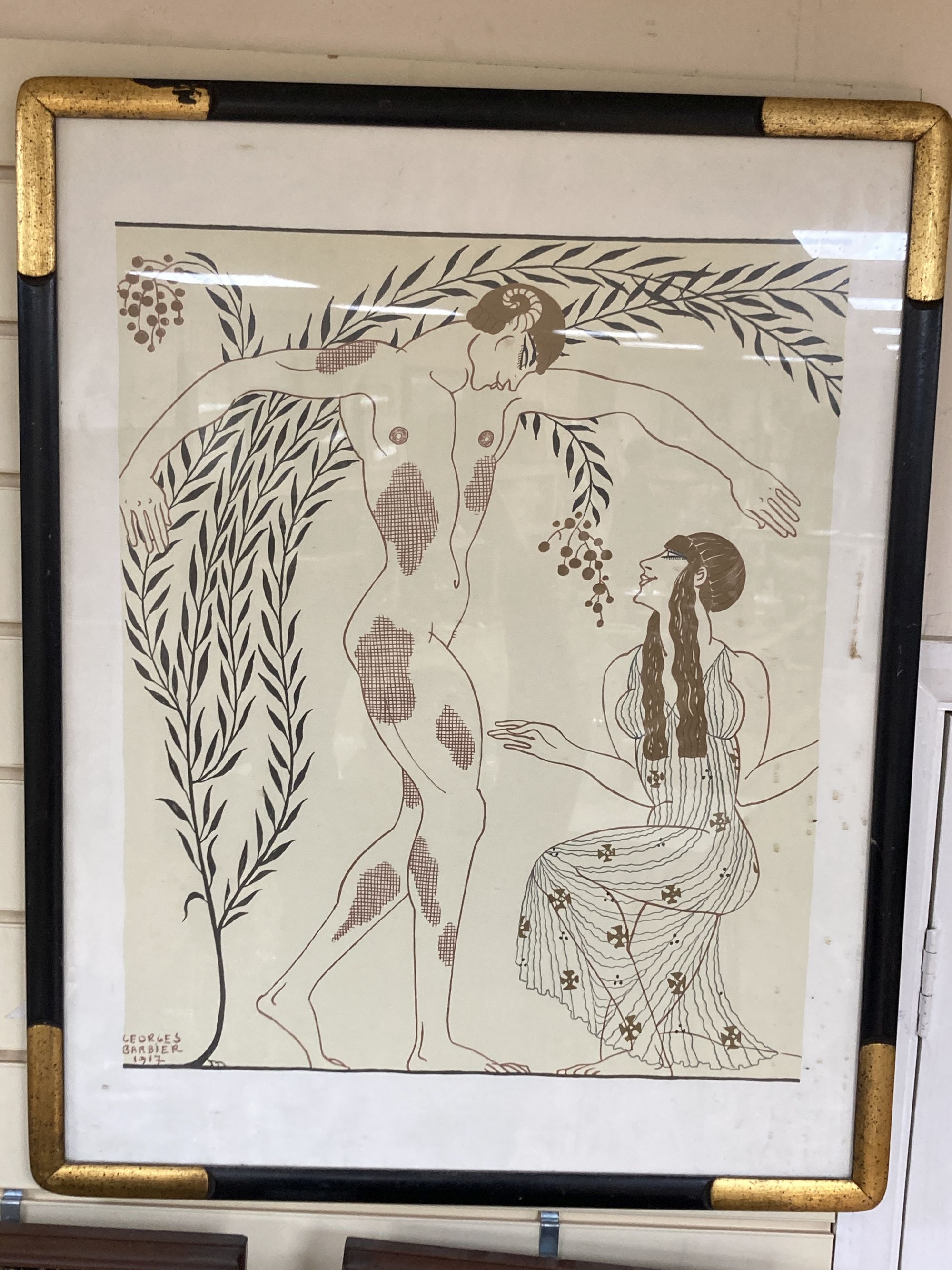 After Georges Barbier, colour print, Classical figures 1917, 70 x 54cm